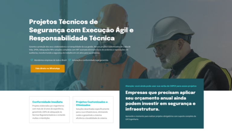 Landing page da LW Engenharia com chamada para segurança do trabalho e botão de WhatsApp