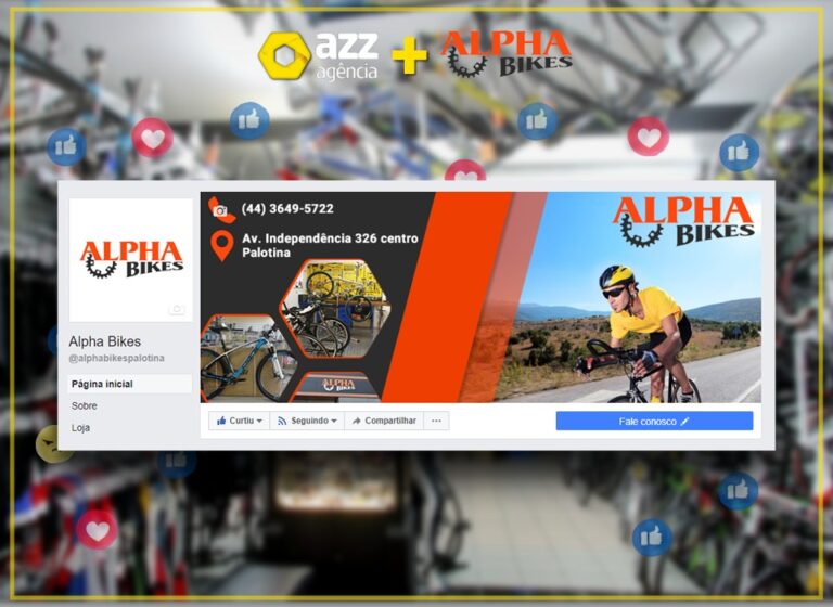 Página de Facebook personalizada pela AZZ para uma bicicletaria, com galerias de produtos