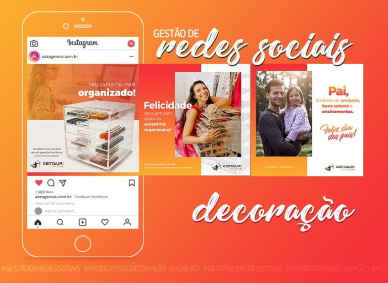 Peças criadas pela AZZ para as redes sociais da Centauri Acrílicos, com objetos em acrílico