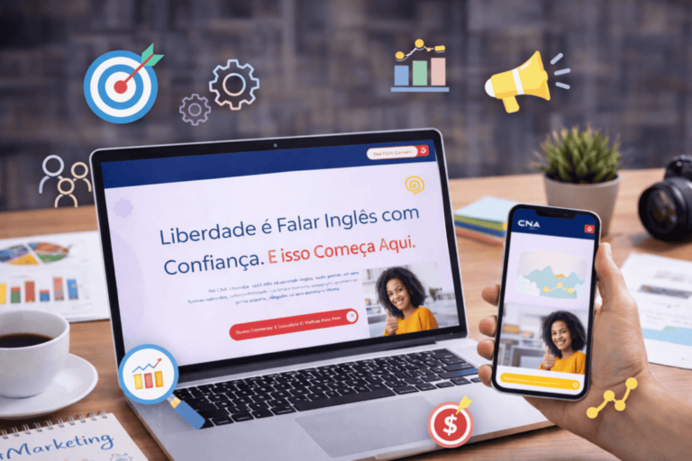 Peças da campanha de marketing criada pela AZZ para o CNA Foco Idiomas