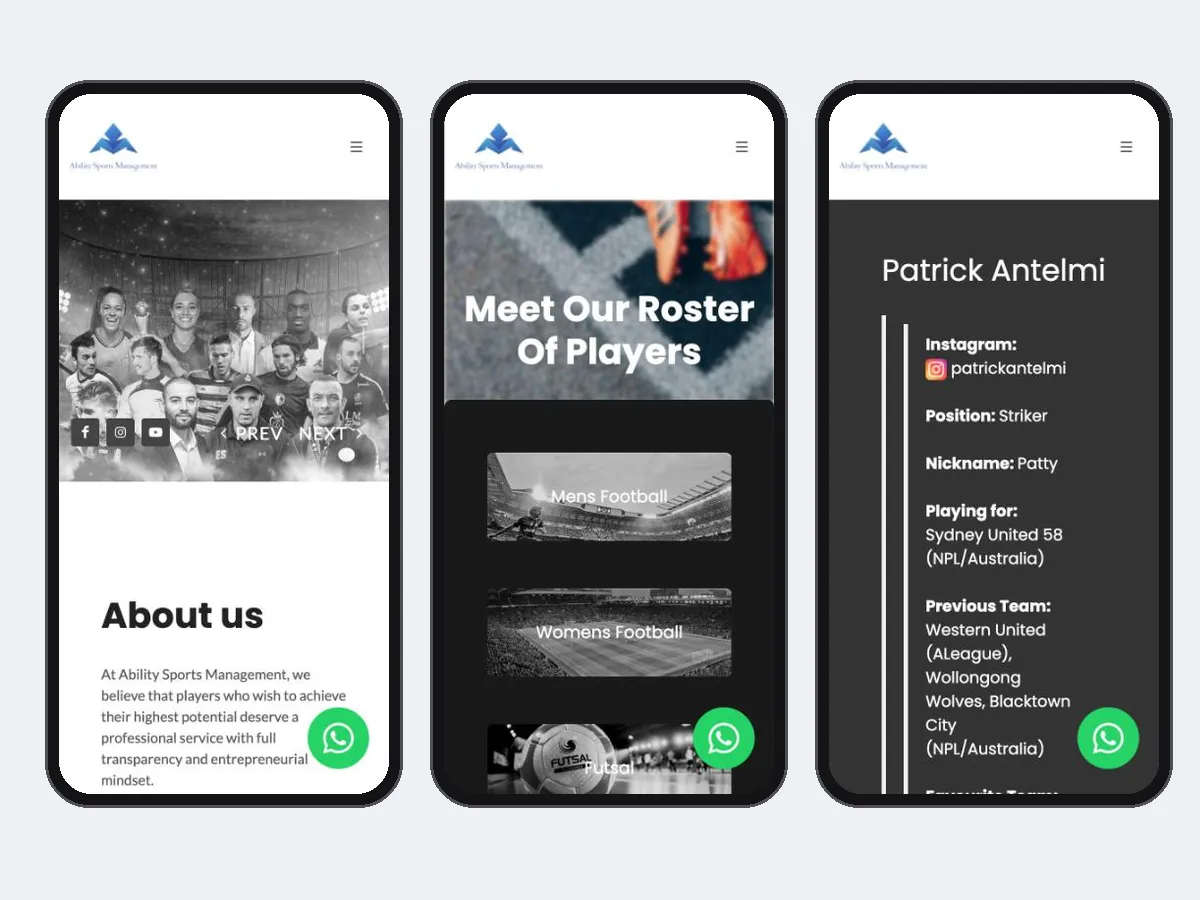 Site da Ability Sports Management na versão para celular