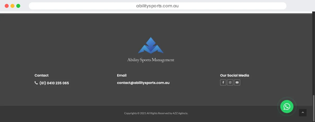 Rodapé do site abilitysports.com.au com o crédito AZZ Agência
