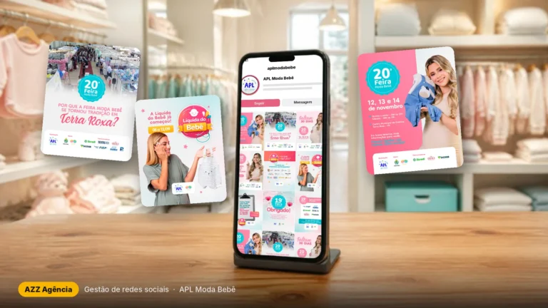 Celular com o perfil da APL Moda Bebê no Instagram e posts da Feira Moda Bebê criados pela AZZ Agência