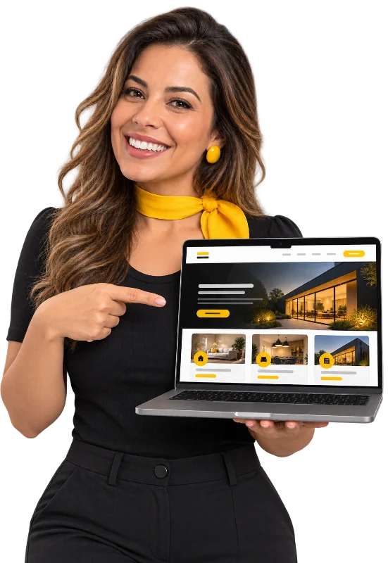 Criação de site profissional – empreendedora mostrando o novo site da empresa no notebook