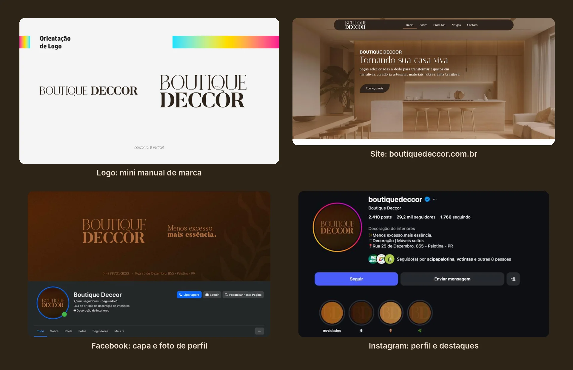 Nova marca da Boutique Deccor no manual, no site, no Facebook e no Instagram