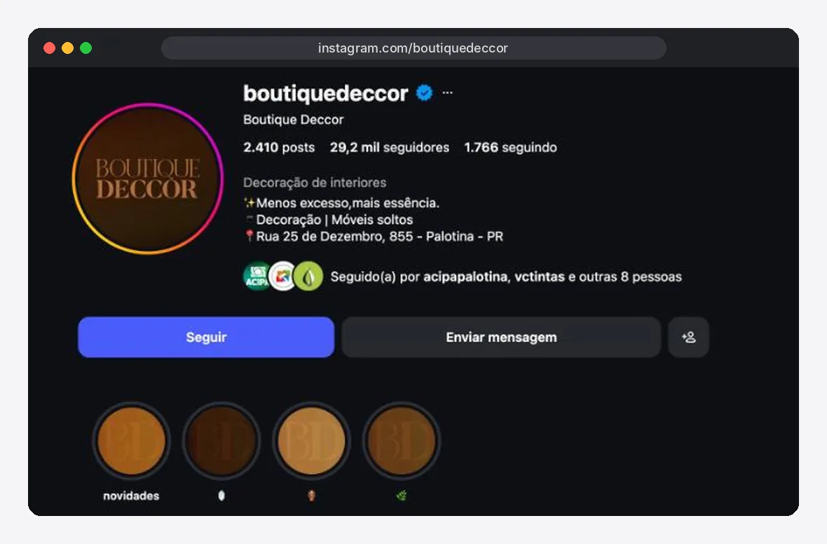 Perfil do Instagram da Boutique Deccor