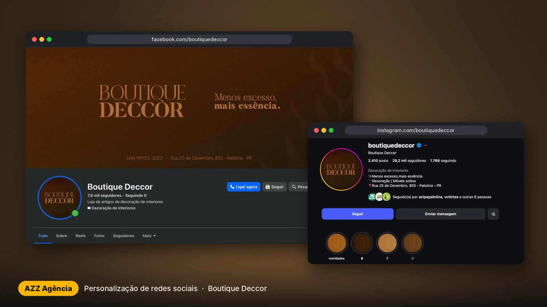 Facebook e Instagram da Boutique Deccor personalizados pela AZZ Agência