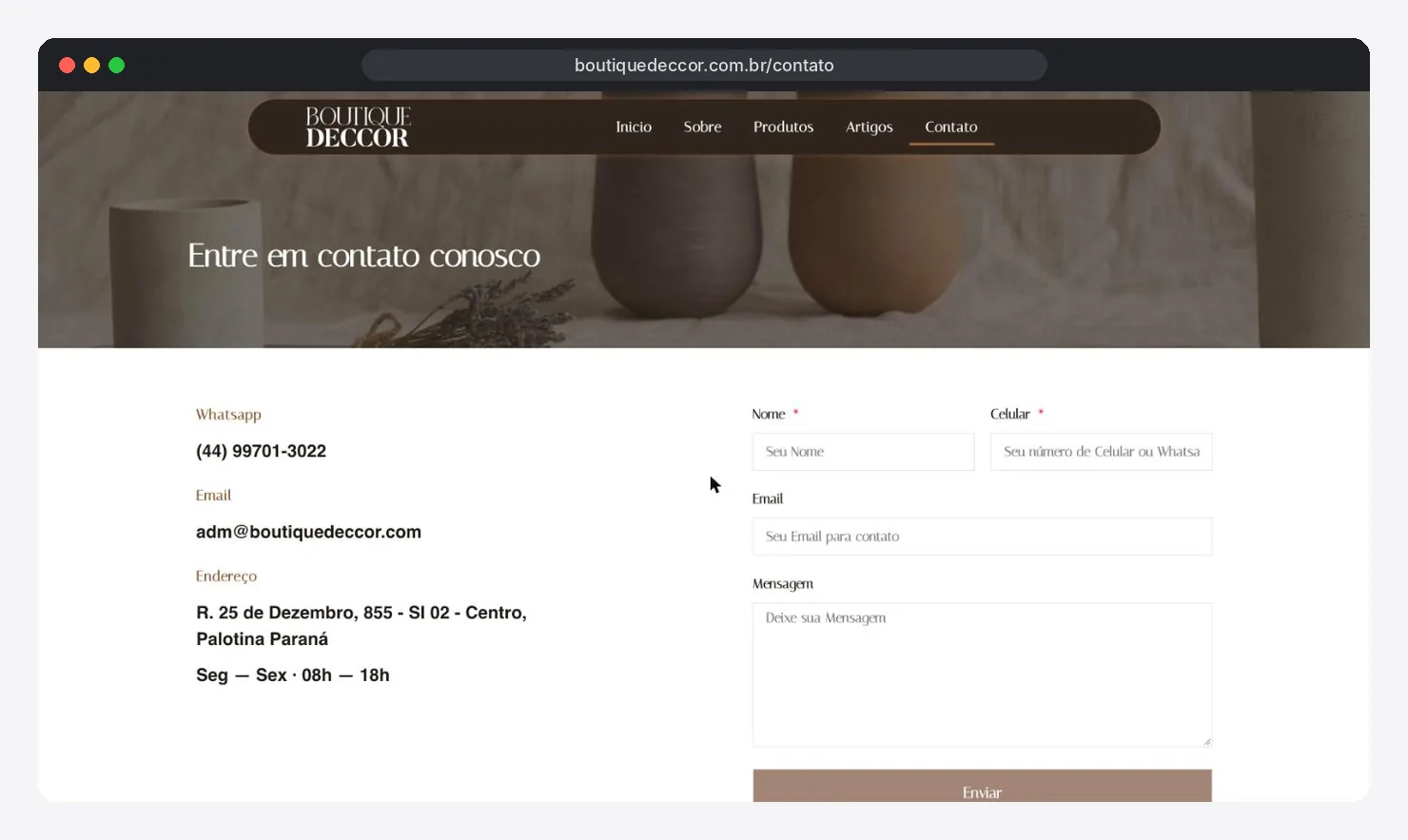 Página de contato do site boutiquedeccor.com.br