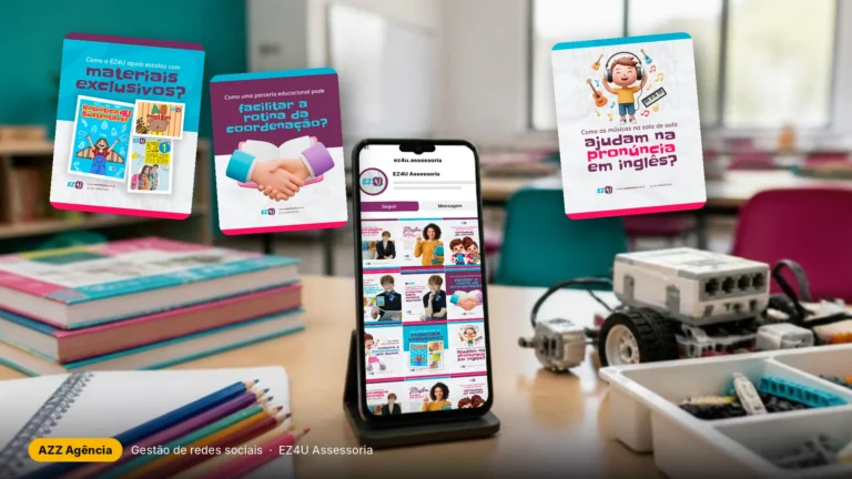 Celular com o perfil da EZ4U Assessoria no Instagram e posts criados pela AZZ Agência