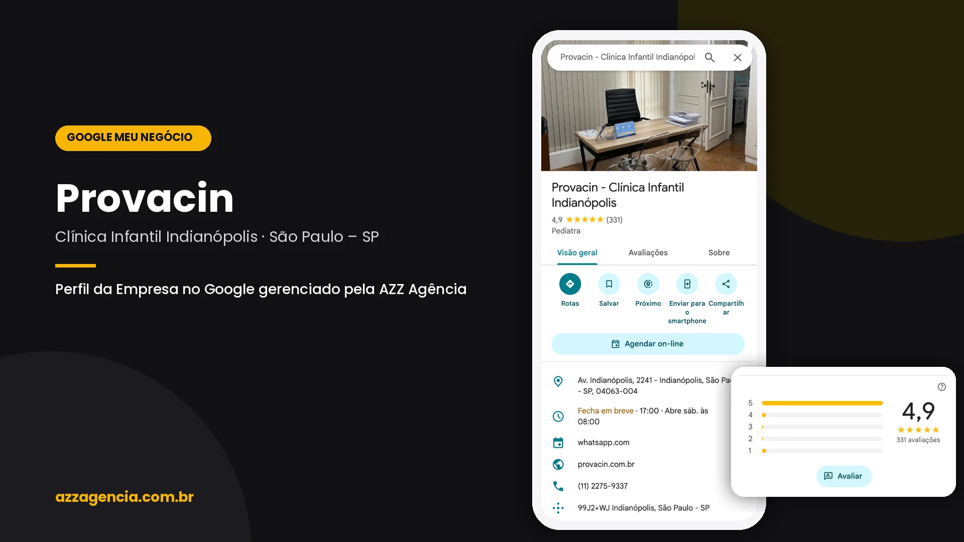 Perfil da Empresa no Google de Provacin – Clínica Infantil Indianópolis gerenciado pela AZZ Agência