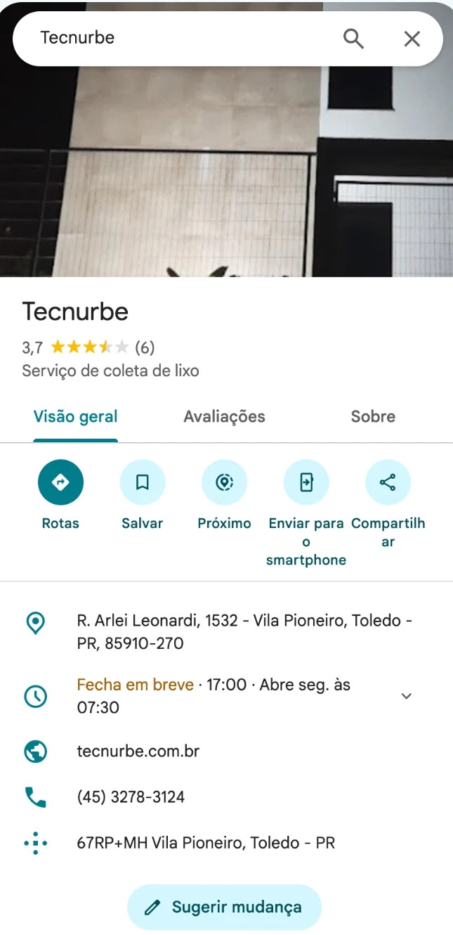 Perfil de Tecnurbe no Google Maps