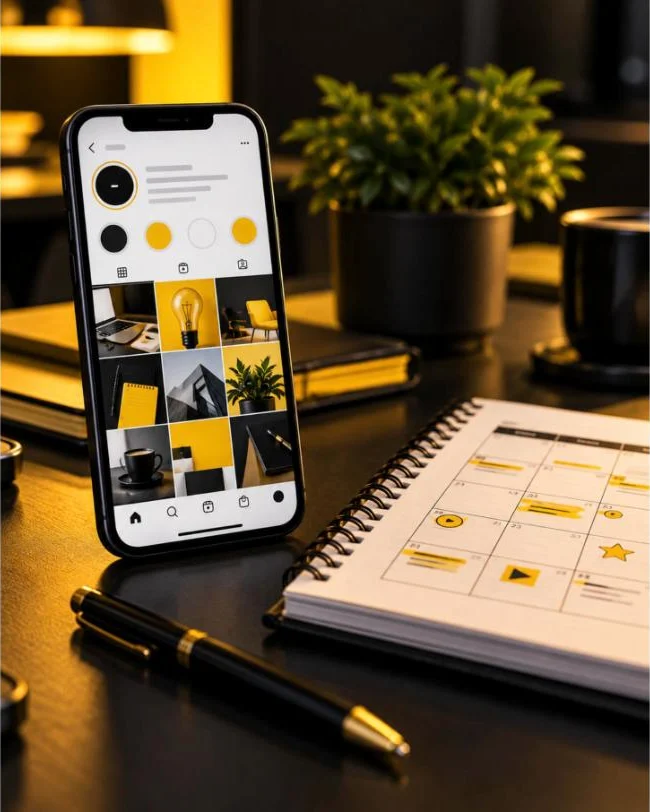 Celular com feed organizado e calendário de posts – gestão de redes sociais AZZ