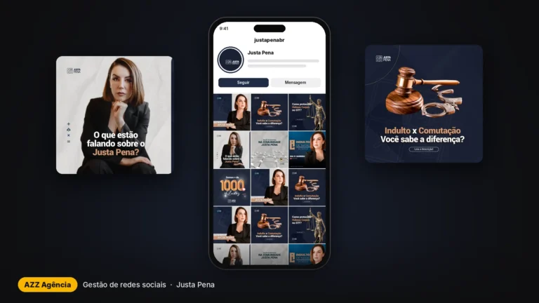 Celular com o perfil da Justa Pena e posts criados pela AZZ Agência