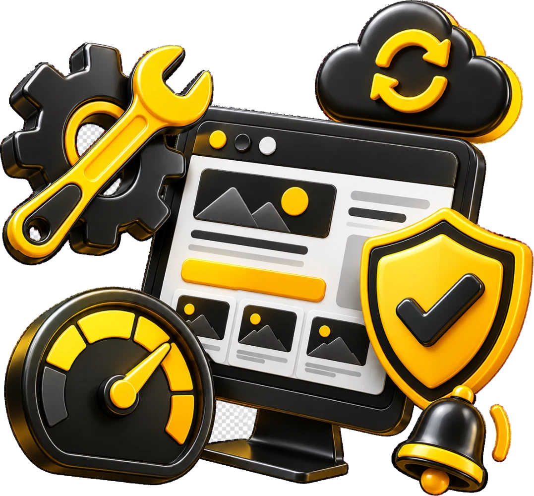 Ilustração 3D de manutenção de site: monitor, escudo de segurança, backup em nuvem e velocímetro