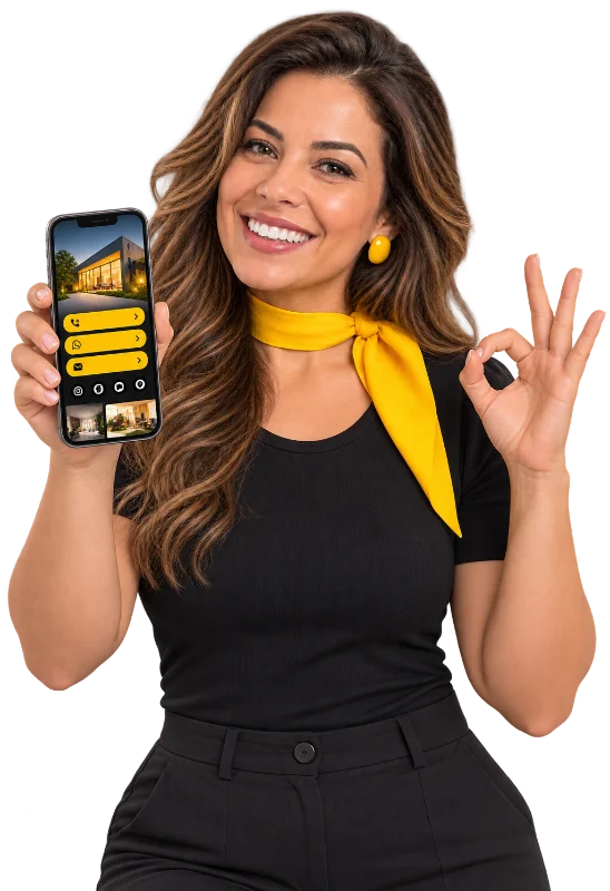 Mini site para empresas – empreendedora mostrando no celular o mini site de uma página