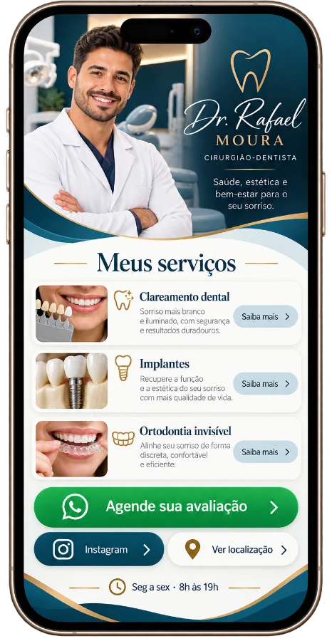 Modelo de mini site para dentista – azul-petróleo e dourado