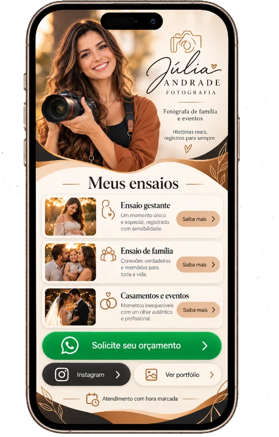 Modelo de mini site para fotógrafa – grafite, off-white e caramelo