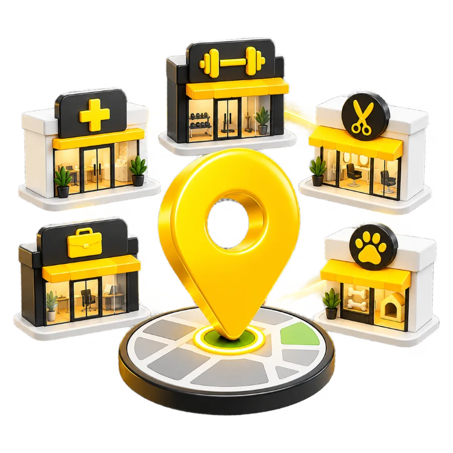 Pin de localização cercado por clínica, salão de beleza, academia, escritório e petshop
