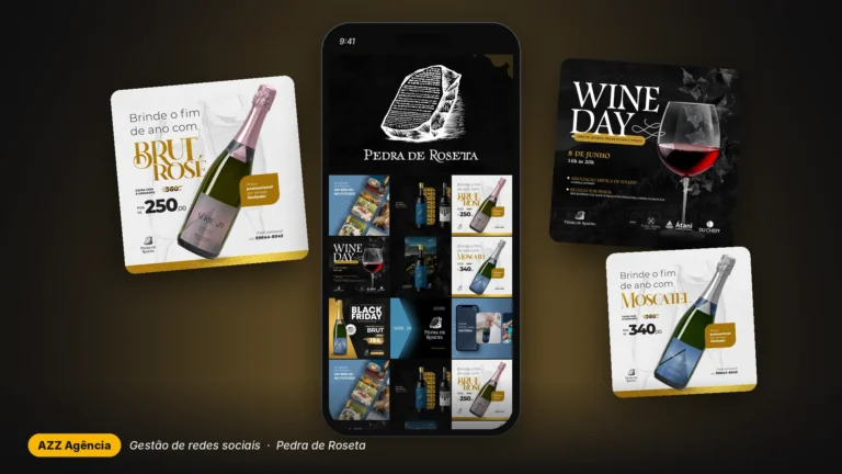 Celular e posts da marca de vinhos Pedra de Roseta criados pela AZZ Agência