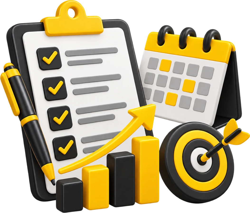 Ilustração 3D de prancheta com checklist, calendário e gráfico representando planejamento de marketing digital