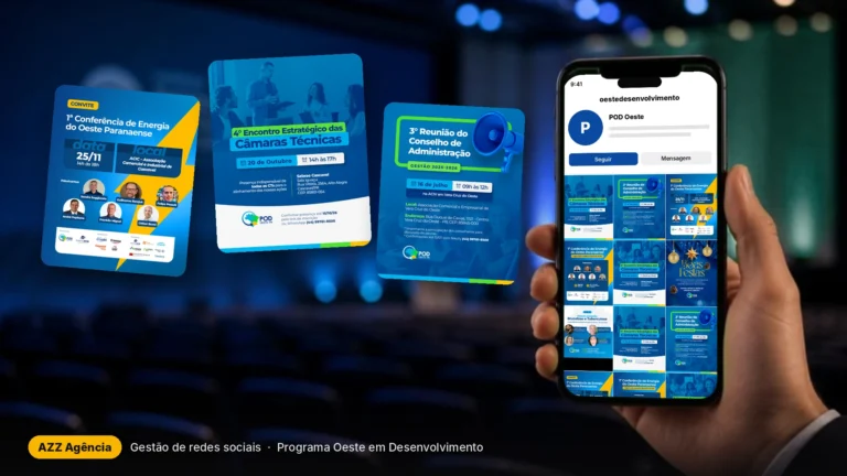 Celular com o perfil do Programa Oeste em Desenvolvimento e convites criados pela AZZ