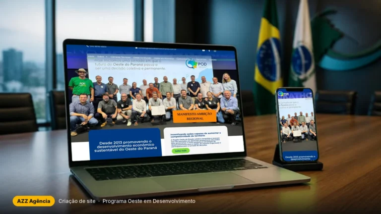 Site do Programa Oeste em Desenvolvimento aberto em notebook e celular numa sala de reuniões