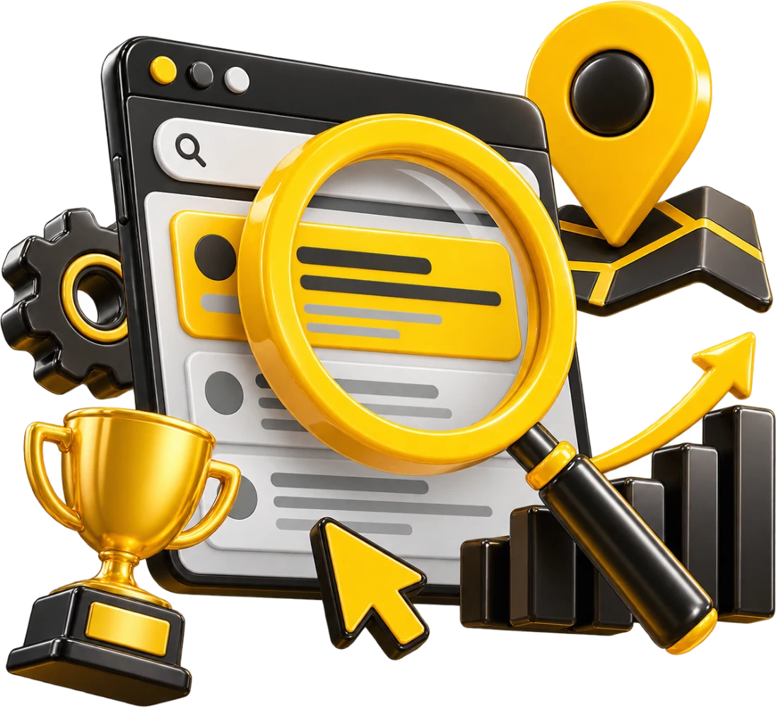 Ilustração 3D de SEO: lupa sobre resultados do Google, pin do Maps e gráfico subindo