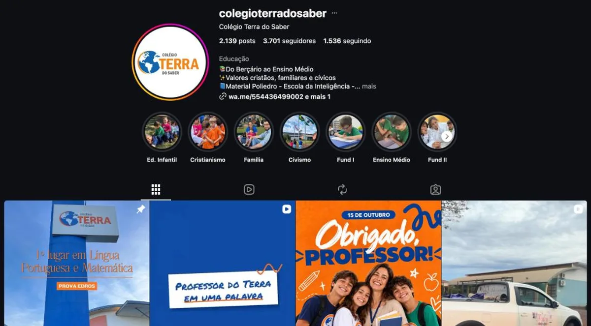 Perfil do Colégio Terra do Saber no Instagram