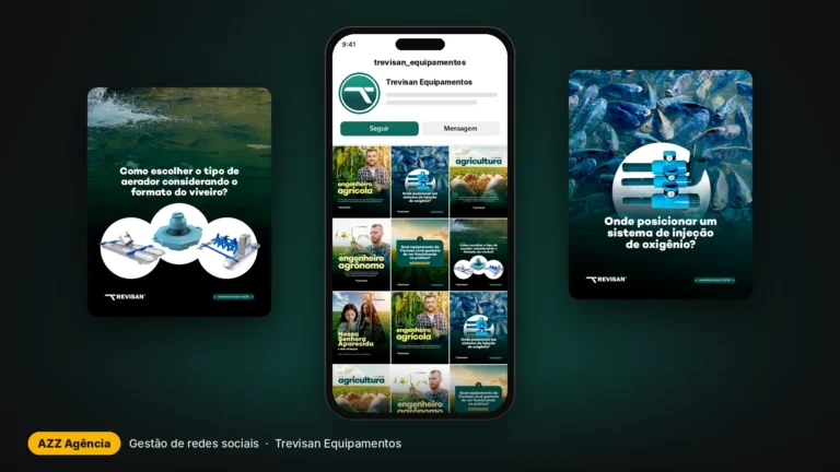 Celular com o perfil da Trevisan Equipamentos e posts criados pela AZZ Agência