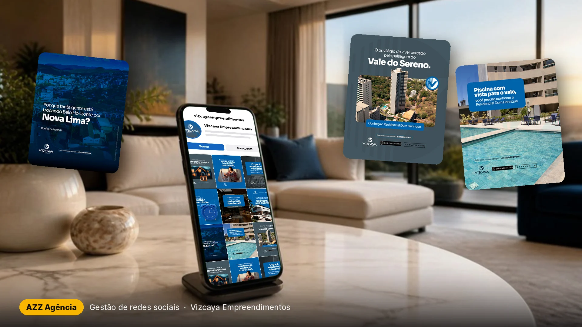 Celular com o perfil da Vizcaya Empreendimentos no Instagram e posts criados pela AZZ Agência
